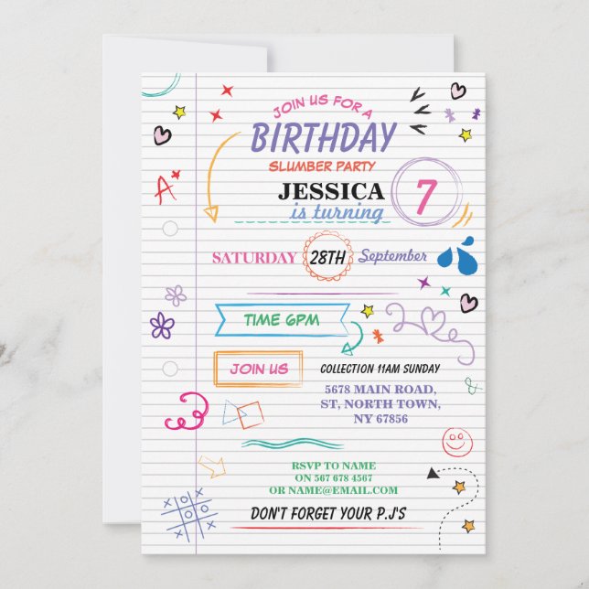 Sleep Over Slumber Birthday Party Sketch Invite (Front)