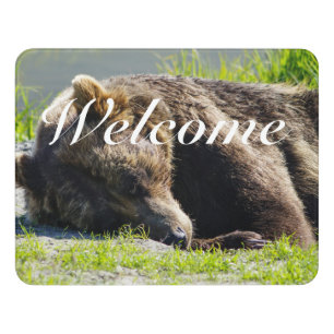 Sleeping Alaskan Grizzly Bear Welcome Door Sign