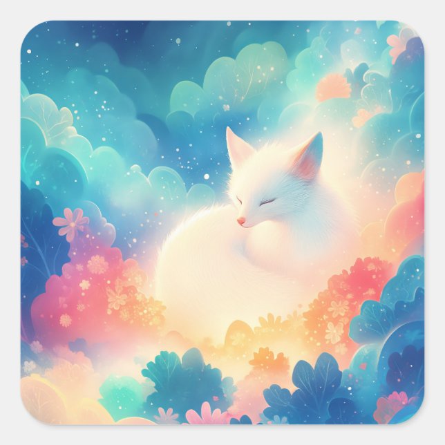 Sleeping Arctic Fox in Magical Pastel Cloud Square Sticker (Front)