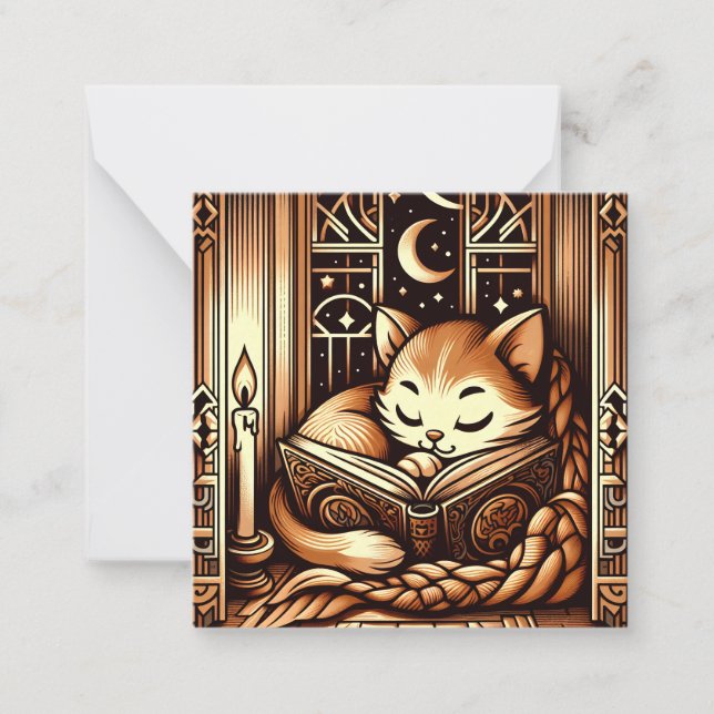 Sleeping Art Deco Style Cat With A Book Card (Front)