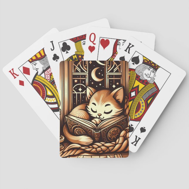 Sleeping Art Deco Style Cat With A Book Playing Cards (Back)