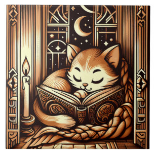 Sleeping Art Deco Style Cat With A Book Tile