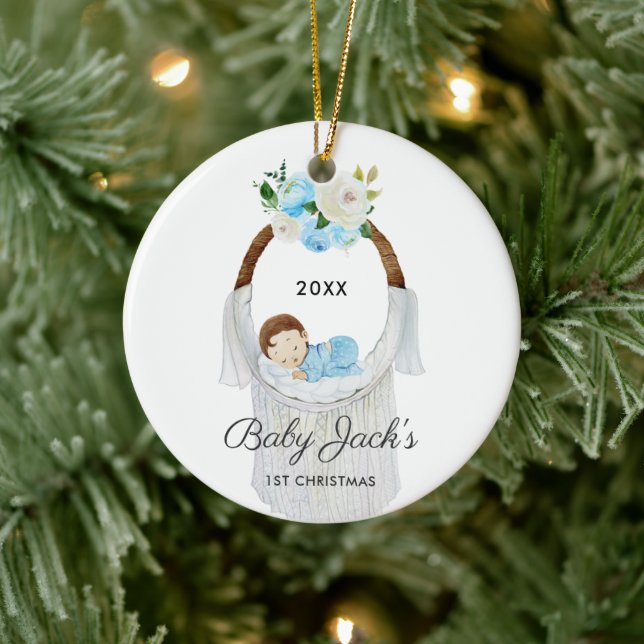 Sleeping Baby Bassinet Personalized Boy's 1st Xmas Ceramic Ornament (Tree)