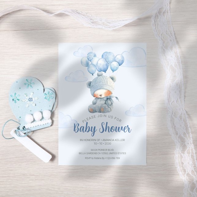 Sleeping Baby Bear Blue Balloons Baby Shower Invitation (Creator Uploaded)