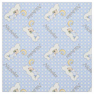 Sleeping baby boy, mane & blue polka dot nursery fabric
