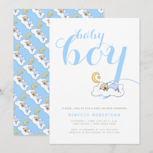 Sleeping baby boy shower elegant blue typography invitation