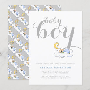 Sleeping baby boy shower elegant grey typography invitation