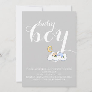 Sleeping baby boy shower elegant text grey invitation