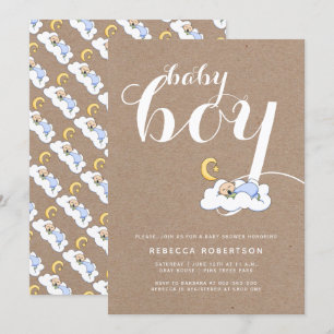 Sleeping baby boy shower kraft paper typography invitation