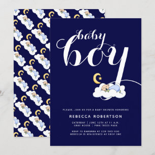 Sleeping baby boy shower navy blue typography invitation