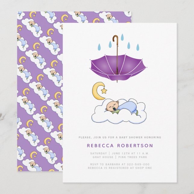 Sleeping baby boy shower purple umbrella cute invitation (Front/Back)
