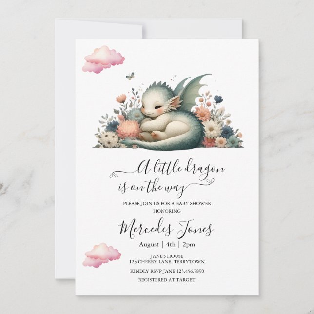 Sleeping Baby Dragon With Rainbow Flowers Art  Invitation (Front)