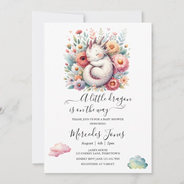 Sleeping Baby Dragon With Rainbow Flowers Art  Invitation (Front)