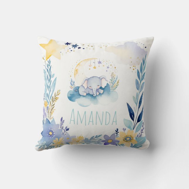 Sleeping Baby Elephant Boho Name Nursery Pillow (Back)