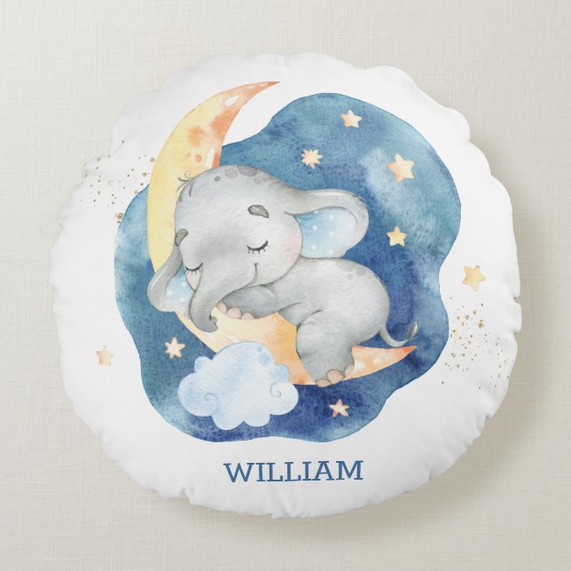 Sleeping Baby Elephant Moon Stars Boy Nursery Round Pillow (Front)