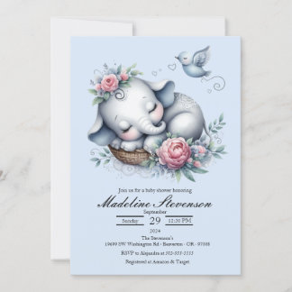 Sleeping Baby Elephant Themed Baby Shower Invitation