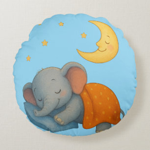 Sleeping Baby Elephant Under the Moon – Cute Dream Round Pillow