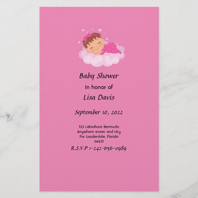 Sleeping Baby Girl Baby Shower Invitation Stationery (Front)