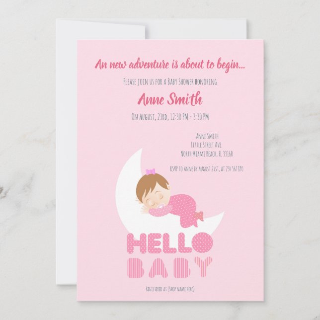 Sleeping baby girl on the moon Baby Shower Invitat Invitation (Front)