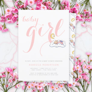 Sleeping baby girl shower elegant pink typography invitation