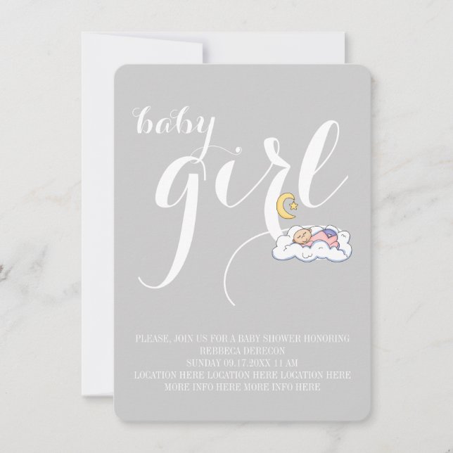 Sleeping baby girl shower elegant text minimal invitation (Front)
