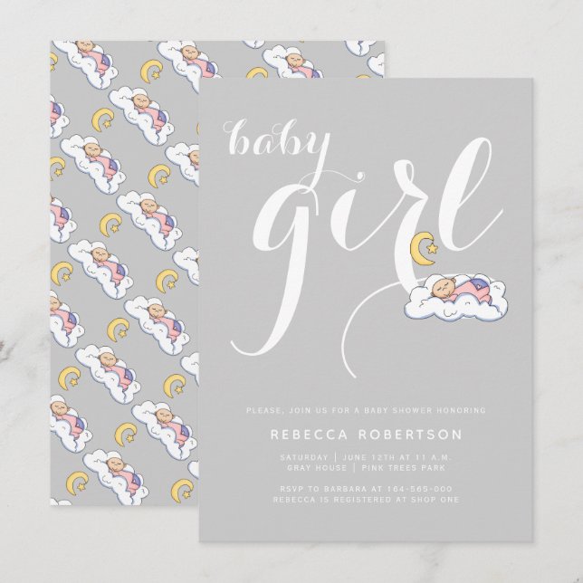 Sleeping baby girl shower grey elegant typography invitation (Front/Back)