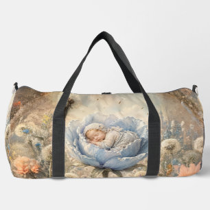 Sleeping baby in blue flower Baby Duffle Bag