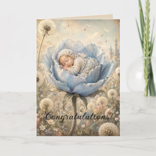Sleeping baby in blue flower Congratulations Card