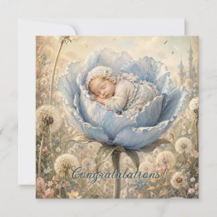Sleeping baby in blue flower Congratulations Card