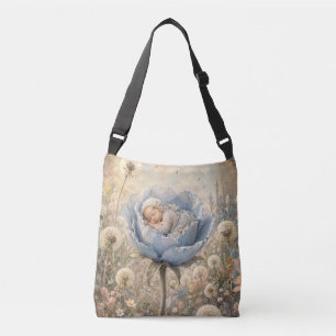 Sleeping baby in blue flower crossbody bag