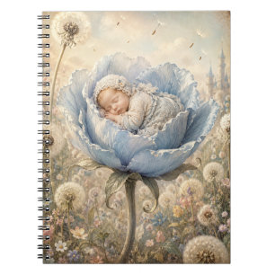 Sleeping baby in blue flower notebook