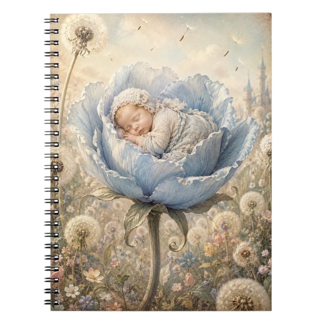 Sleeping baby in blue flower  notebook (Front)