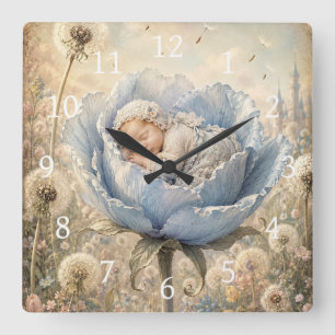 Sleeping baby in blue flower square wall clock