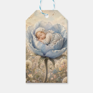 Sleeping baby in blue flower with dandelions gift tags