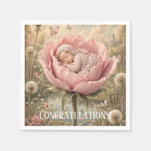 Sleeping baby in pink flower Congratulations Napkin
