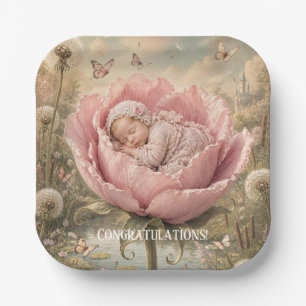 Sleeping baby in pink flower Congratulations Paper Plate