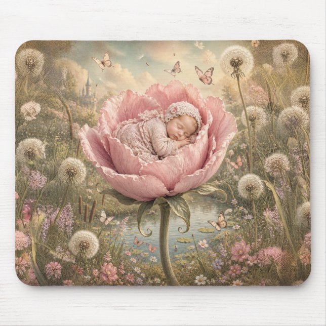 Sleeping baby in pink flower  mouse pad (Front)