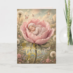 Sleeping baby in pink flower thank you card