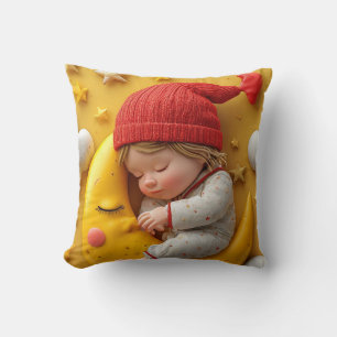 Sleeping Baby On Crescent Moon Throw Pillow
