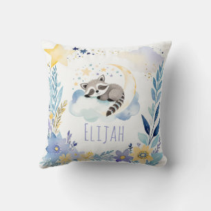 Sleeping Baby Raccoon Boho Name Nursery Pillow