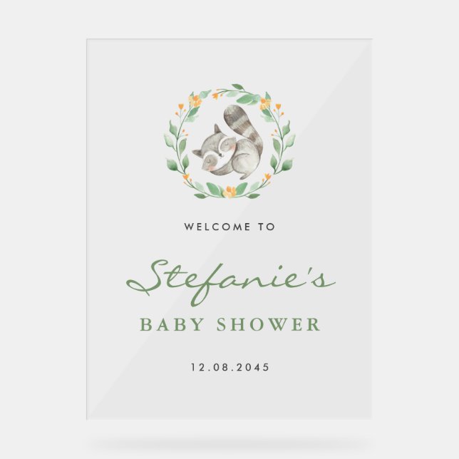 Sleeping Baby Raccoon Wreath Baby Shower Welcome Acrylic Sign (Front)