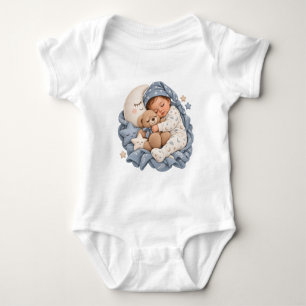 Sleeping Baby Teddy Bear & Crescent Moon Blue Bodysuit
