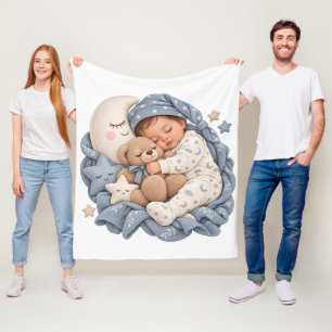 Sleeping Baby Teddy Bear & Crescent Moon Blue Fleece Blanket