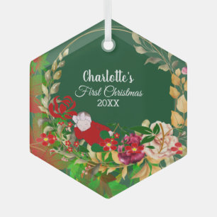 Sleeping Baby's 1st Christmas Green Floral Wreath Glass Ornament