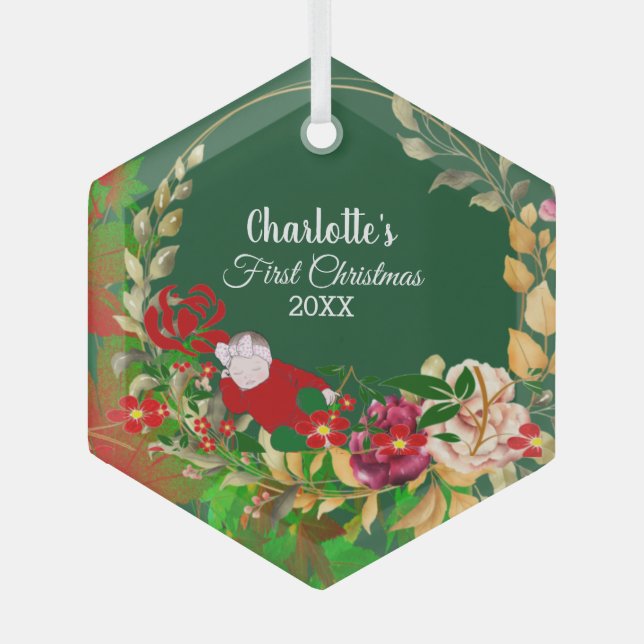 Sleeping Baby's 1st Christmas Green Floral Wreath  Glass Ornament (Front)