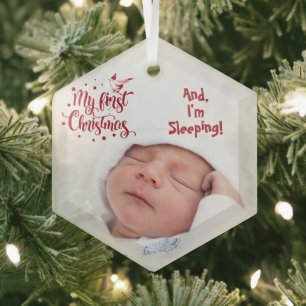 Sleeping Baby's Photo My First Christmas Red Quote Glass Ornament