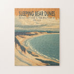 Sleeping Bear Dunes National Lakeshore Travel Art Jigsaw Puzzle<br><div class="desc">Sleeping Bear Dunes vector artwork design. The park is known for the huge scalable dunes of the Dune Climb. Beaches include Platte River Point,  where the river flows into the lake.</div>
