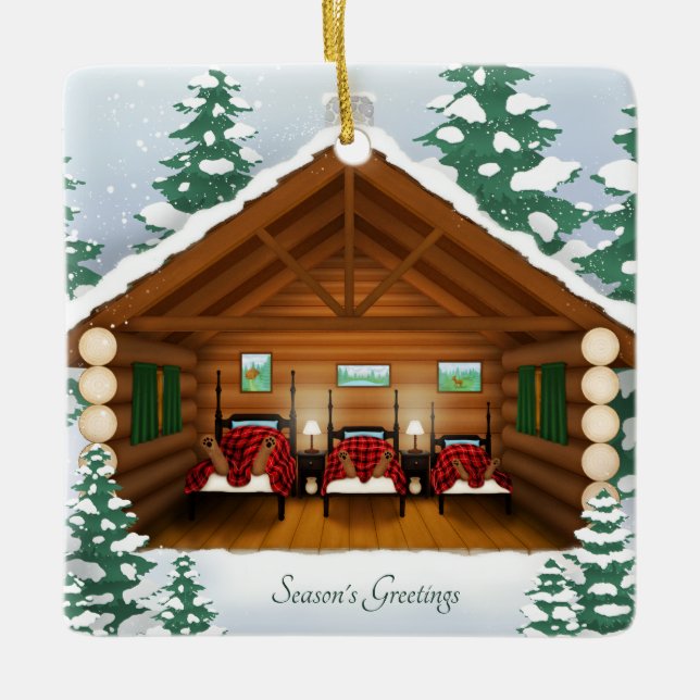 Sleeping Bear Family Woodland Cabin Personalized Ceramic Ornament (Front)