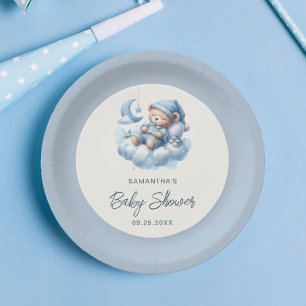 Sleeping bear on cloud dusty blue boy baby shower paper plate