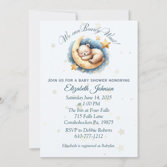 Sleeping Bear on Moon Baby Shower Invitation (Front)